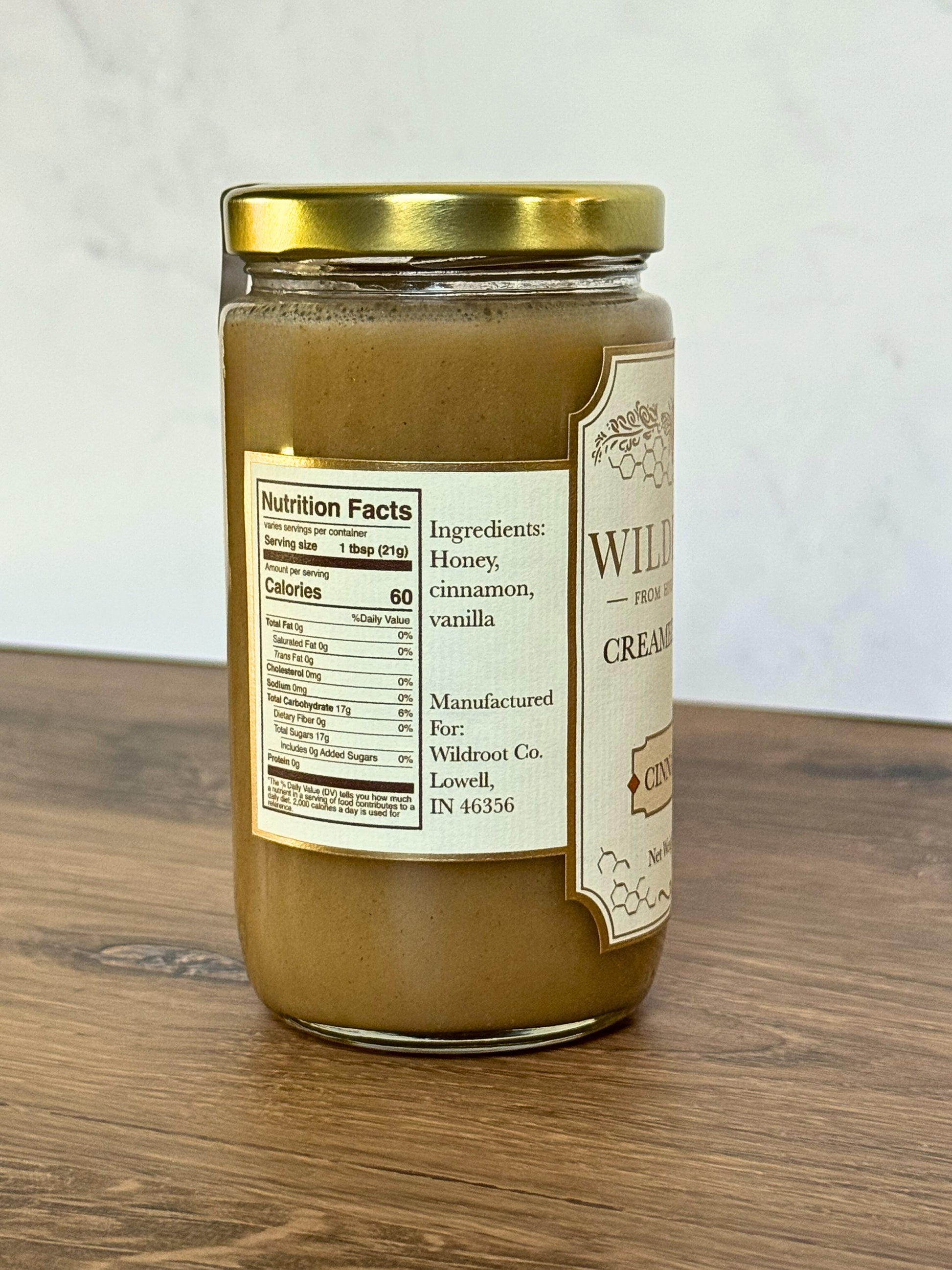Nutrition Facts on Jar of Wildroot Cinnamon Creamed Honey