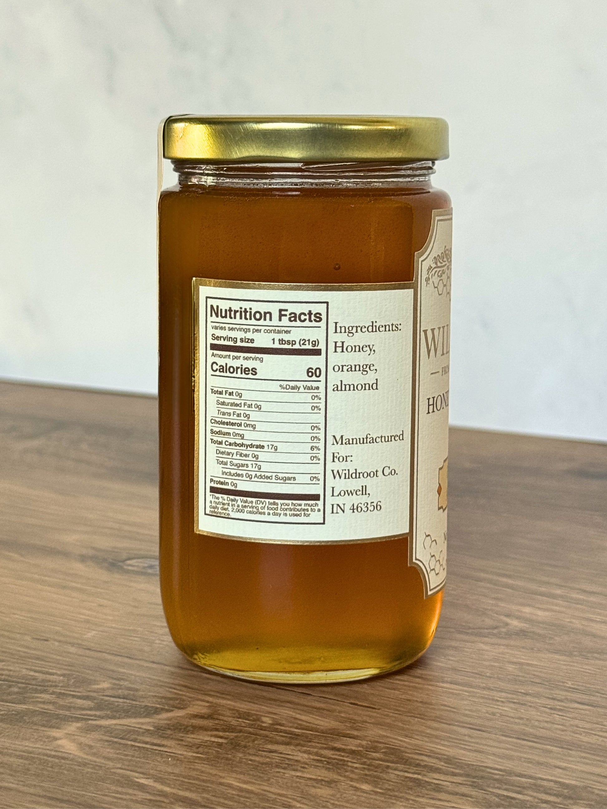 Nutrition Facts on Jar of Wildroot Orange Almond Infused Honey