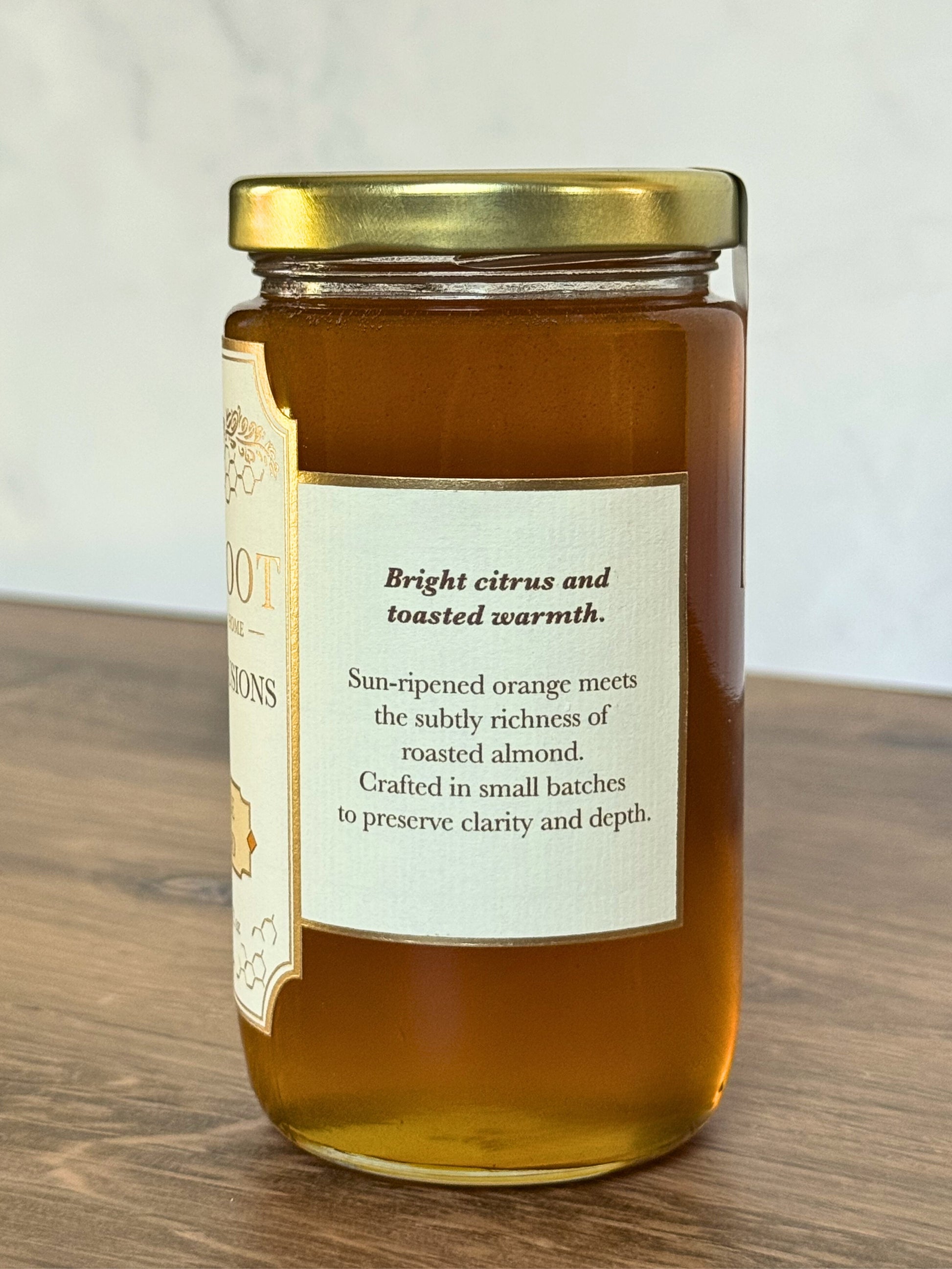 Description on Jar of Wildroot Orange Almond Infused Honey