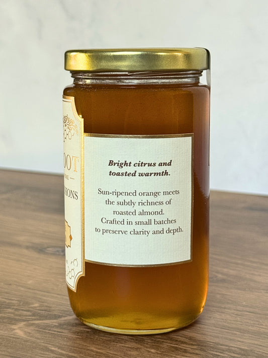 Description on Jar of Wildroot Orange Almond Infused Honey